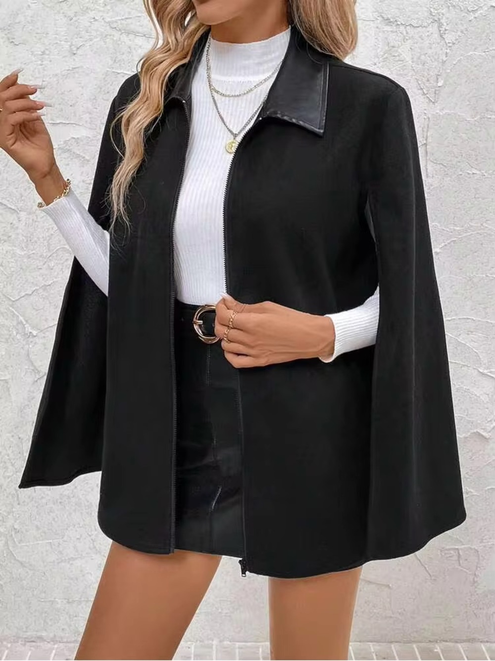 Shein Black Pleather Collar Zippered Cape Style Wide Slit Sleeves Jacket
